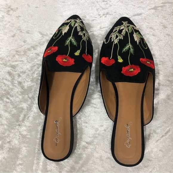 Nubia Black Suede Floral Embroidered Pointed-Toe Mules - Picture 1 of 7